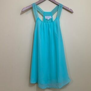 Sweet Journey Sea / Mint Green Lace Racer Back Layered Flouncy Tan Top Blouce M